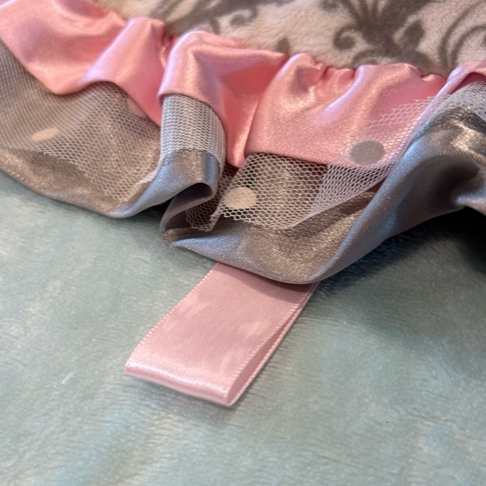 Little Yellow Chick Gray Pink Lovey Blanky Satin Tule Ruffle Edge 17" Square - Picture 4 of 7